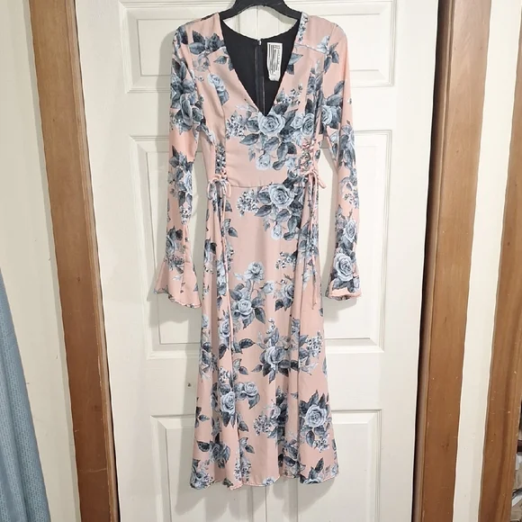Free People | Dresses | Free People Lined Floral Long Sleevev Neck Dress  Tie Detailxspeach Blue Floral | Poshmark
